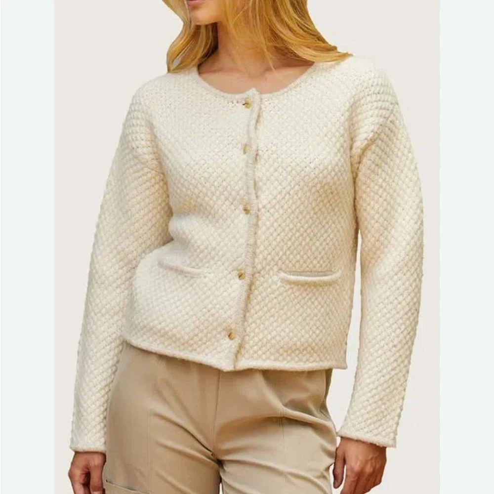 Crescent Cream Knit Cardigan Boucle Jacket in off-white button-front closure - Picture 3 of 9